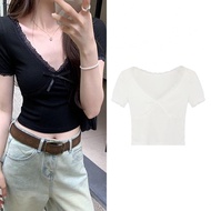 【STYLEF】Women Vintage T Shirt with Lace V Neck and Short Sleeves in Gyaru Style【fashion-Clothes】