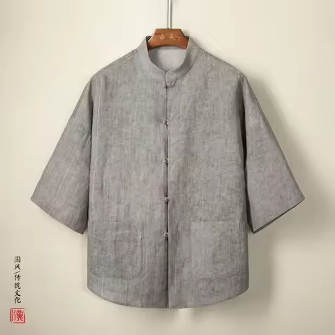 2023 Chinese Style Men's Cotton Linen Shirt Jacket Tang Short Sleeve Jacket Top Solid Color Traditio