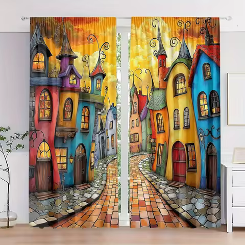 2PC Colorful Fairy Tale Town Sheer Curtains - Whimsical Fantasy Street Print Window Drapes for Livin