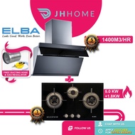 Elba 1400M³/Hr Designer Hood EH-E9121ST(BK)/3-Burners Safety Valve Glass Hob (5KW+1.8KW) Egh-G8593G(