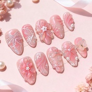 30 Pieces Almond Pink 3d Three-Dimensional Wearable Nails Bows Flowers Hearts Handmade Dot Diamonds 