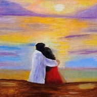 与恋人在海边的夕阳在海上浪漫的绘画