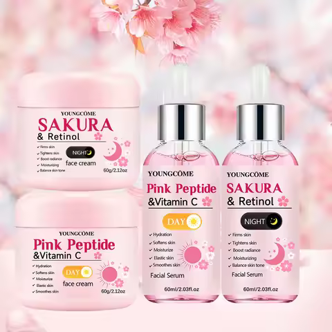 4-Piece Day & Night Skincare Set: Pink Peptide Vitamin C Day Cream + Sakura Retinol Night Cream & Es