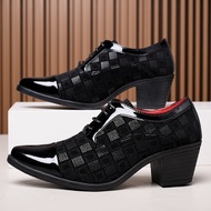 【In stock】New Product Matrix Wedge Heel Leather Shoes Korean Version Men's Pointed High-Heeled Shoes