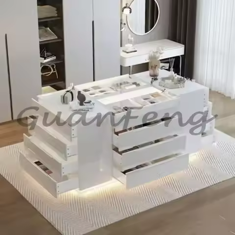 16-Drawer Glass Tabletop Island Wardrobe Closet with Jewelry Organizer Modern White Bedroom Dresser 