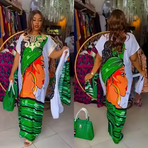 Spring Fashion African Plus Size Print Dresses for Women African 3/4 Sleeve O-neck Wedding Party Lon