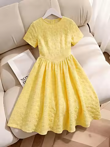 Breathable Kids Girls Single Piece Dress, Solid Yellow 3D Floral Texture Round Neck Short Sleeve Flo