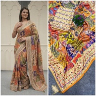 [PRE ORDER : 10 DAYS] Bollywood Style Soft Chinon Silk Printed Saree • Real Mirror Handwork Wedding 