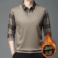 Autumn Warm Men's Clothing Seamless Fake Two-Piece Thermal Shirt Fleece Fake Two-Piece Dad Casual Sh