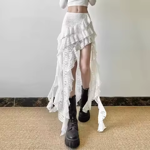 Gothic Skirt 2000s Summer Women's Clothes Gyaru Kpop Streetwear Lace High Waist Casual Aesthetic Lon