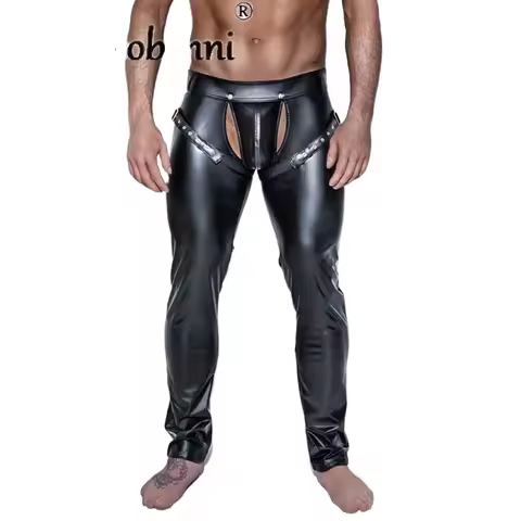 Erotic Men Faux PU Leather Pants Male Wetlook Latex Trousers Open Front Pole Dance Pants Gay Fetish 