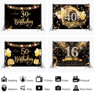 Black Gold Milestone Birthday Photographic Backdrop Glitter Balloon Gift Box Design for Adult 16th 3