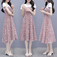 Slimming Ice Silk Floral Print Short Sleeve Dress Casual Style Mid-Length Summer Dress for Women by 