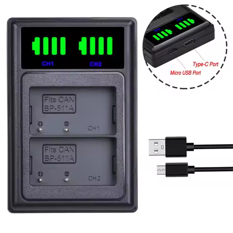 LED Dual Battery Charger with Type C for BP-511 BP-511A and Canon EOS 5D 10D 20D 30D 40D 50D D30 D60