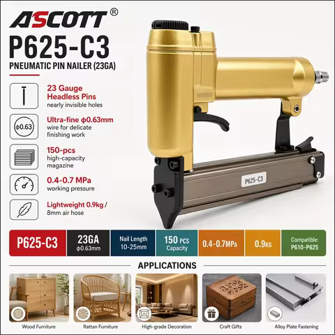 ASCOTT P625-C3 Headless Pin Nailer 23Ga Pneumatic Brad Stapler 10-25mm Pin Nails for Making Framing