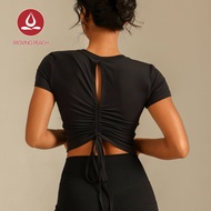 Moving Peach Sports Short Sleeves For Women Open Back Drawstring T-shirts Bare Feel Fixed Cups Slim