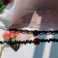 Black Lace Lace Lace Long Clavicle Necklace Burgundy Braided Rose Flower Necklace Tie Rope