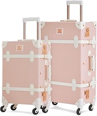 2 Piece Vintage Luggage Set PU Leather Women Cute Pink Suitcase with TSA Key Lock (26"+20")