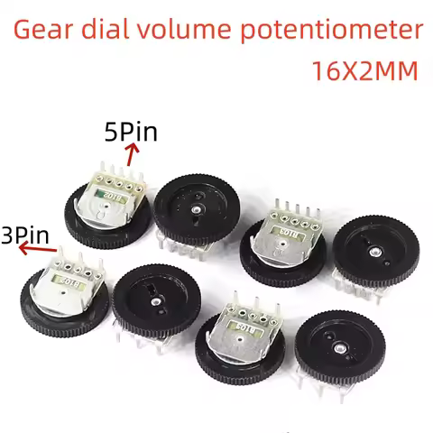10PCS 16X2MM gear dial volume potentiometer B103 B503 10K 50K single/dual 3 pins 5 pins