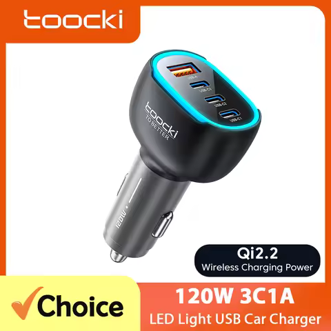 Toocki 120/90W Mini Car Charger 4 Ports Fast Charging Ambient Light Zinc Alloy USB Type C Charger fo