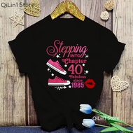 Glitter Stepping Into Chapter 40 Fabulous Since 1985  Printed Tshirt Women Red Lips Shoes Birthday G