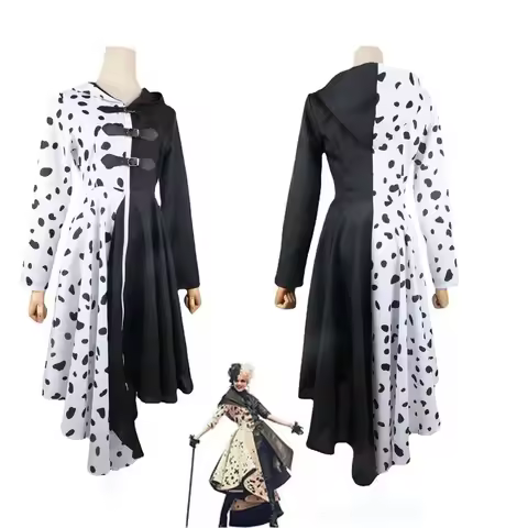 【IN STOCK】Cruella Deville Costume Black Dalmatian Jumpsuit Dress Halloween Cosplay Party Dress Up 42