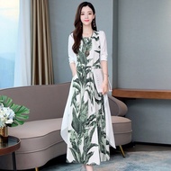 ＜1012＞IEF SHOP Ready Stock JS Womens Clothing Medium - long print dress art cotton linen two - piece