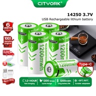 CITYORK 14250 LS14250 1200mAh 3.7V USB Rechargeable Lithium Battery（Type-C Fast Charge/1200+ Cycles/