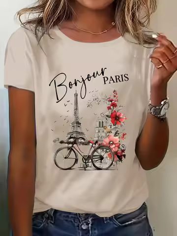 Bonjour Paris Women's Tee - Eiffel Tower & Bicycle Graphic, French Chic Floral Print for Casual Dail