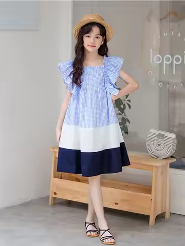Dress For Girls Summer 2024 Party Teenager Girl Dresses Cotton Outfit Family Matching Clothes Blue P
