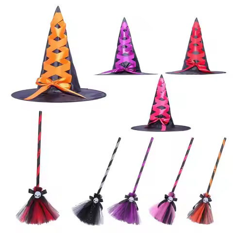 Halloween Witch Costume Broom Witch Hat with Flying Witch Broom Witch Hat for Kids Party Costume Acc