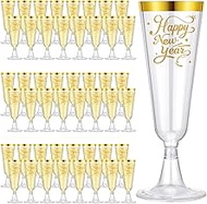 48 Pack Happy New Year Gold Rimmed Plastic Champagne Flutes Cheer to 2026 Celebration 5oz Disposable