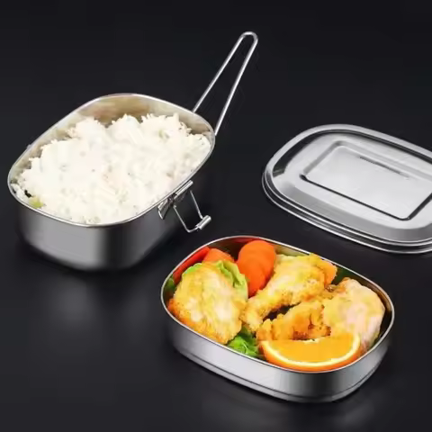 Rectangular Stainless Steel Lunch Box Foldable Handle 1/2 Layer Food Container Leakproof Unbreakable
