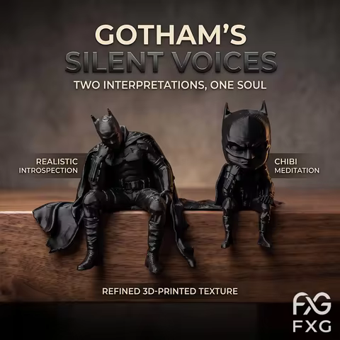 Gotham Silent Thinker Figurine, 2 Styles Realistic & Chibi Cloaked Warrior Edge Sitter, Refined 3D P