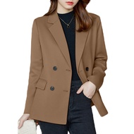 Women Korean Long Sleeves Lapel Double-Breasted Decorative Pocket Flaps Blazer