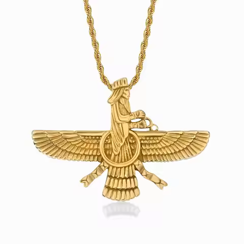 Punk Faravahar Ahura Mazda Zoroastrian Pendant Necklace Gold Color Stainless Steel Twist Rope Chains