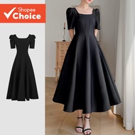 B131-MAY25-A-1-Square-necked belted A-line dress-DRB131PBD1084  B131-MAY25-A-1-Gaun A-line leher per