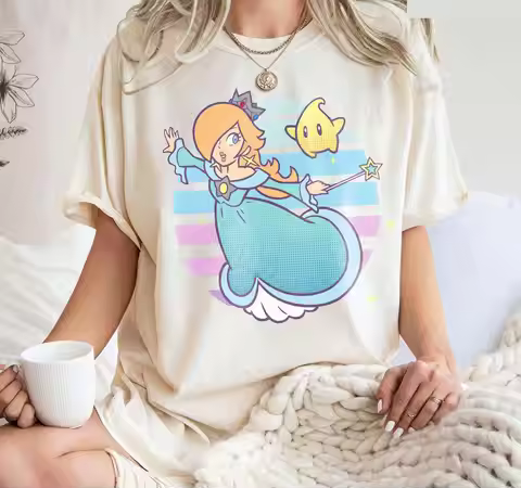 Cute Rosalina Luma Shirt Super Mario Striped Portrait T-Shirt 2026 Summer New Men Women Retro Cotton