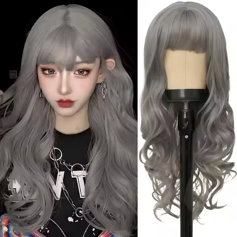 Gray long wavy fringe synthetic wig, Halloween party cosplay character costume wig, daily wig, hot w