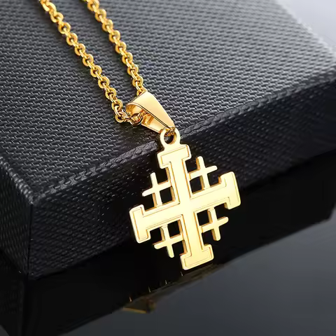Bible Jerusalem Crusaders Cross Pendant Necklaces Medieval Religious Statement Stainless Steel Chain