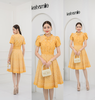 ชุดเดรสผ้าทอคอจีน แต่งโบว์หน้า กระโปรง8ชิ้น สวยมากๆค่ะ งานอัดกาว ทั้งชุด ทุกชิ้น ซิปซ่อนด้านหลัง (S-