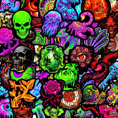 50 Pcs Fluorescent Skull Demon Horror Stickers, Decorate Skate Helmet Phone Suitcase Scrapbook Car B