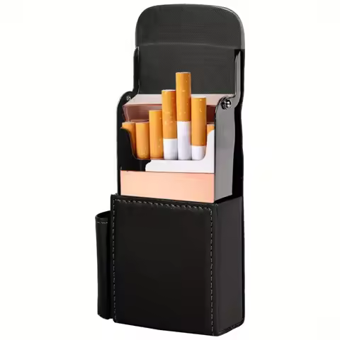 Stainless Steel PU Leather Cigarette Case with Lighter Holder - High-Quality Smoker Organizer Sniffe