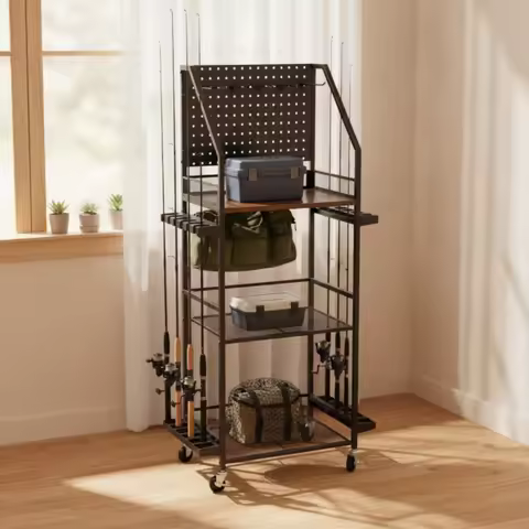 Fishing Rod Rack with Pegboard Rolling Fishing Rod Storage Cart Mobile Multifunction for Fishermen, 