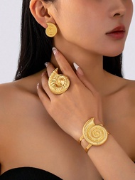 4pcs/Set Ocean Style Conch Bracelet Ring Earring Set Suitable For Women's Beach Vacation Wear