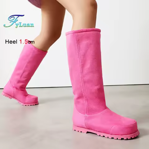 2026 Winter Knee-high Snow Boots Wide Fit Warm Cotton Shoes For Woman 1.5CM Low Heel Comfy Sort Sued