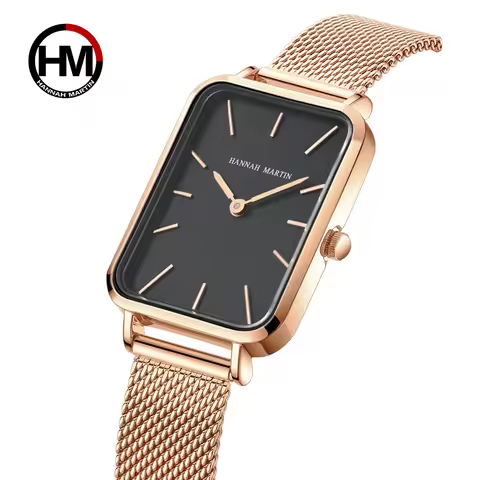 Hannah Martin Women Watch 34mm Square Case Stainless Steel Mesh Clock Japanese Movement Quartz Ladie