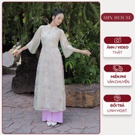 Nari Set of modern ao dai set with half sleeves embroidered with flowers and chiffon sleeves with pe