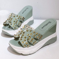 JV0 MANXIXI Popular Style Beautiful Rivet Inlay 3.93 Inches Big Size Wedges Sandals For Women (Size 