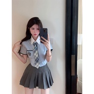 【ks1178.my】 夏季学院风jk制服套装女设计感别致短袖衬衫短款高腰半身裙两件套Summer college style JK uniform set with women's design s